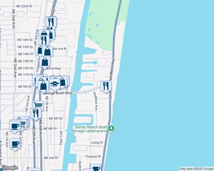 map of restaurants, bars, coffee shops, grocery stores, and more near 800 North Ocean Boulevard in Delray Beach