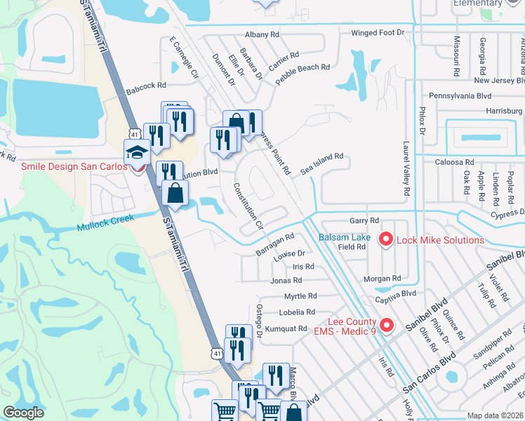 map of restaurants, bars, coffee shops, grocery stores, and more near 7263 Buchanan Road in Fort Myers
