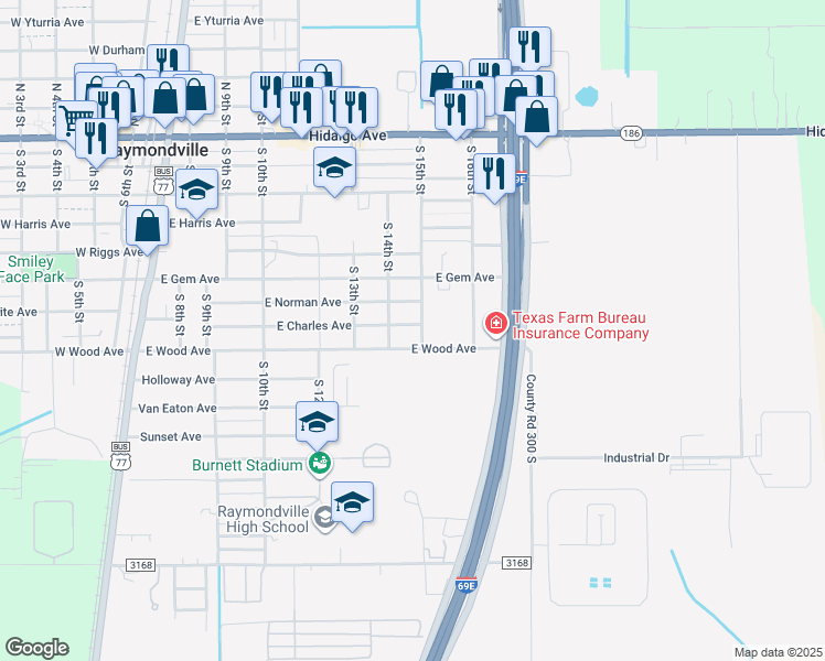 map of restaurants, bars, coffee shops, grocery stores, and more near 864 Charles Avenue in Raymondville