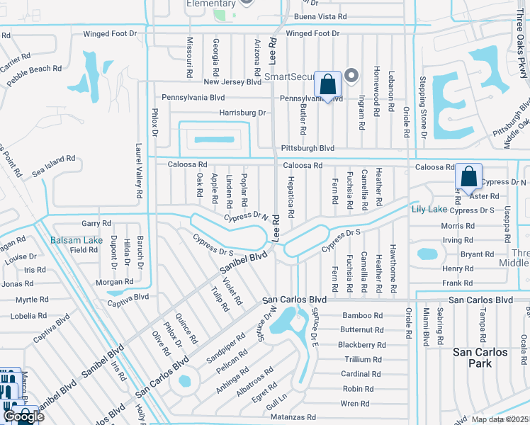 map of restaurants, bars, coffee shops, grocery stores, and more near 8201 Cypress Drive North in Fort Myers