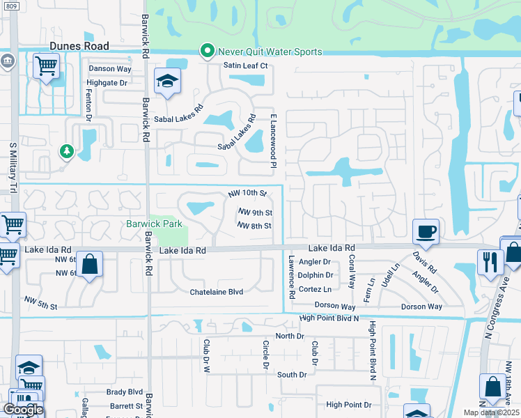 map of restaurants, bars, coffee shops, grocery stores, and more near 3745 Northwest 9th Street in Delray Beach