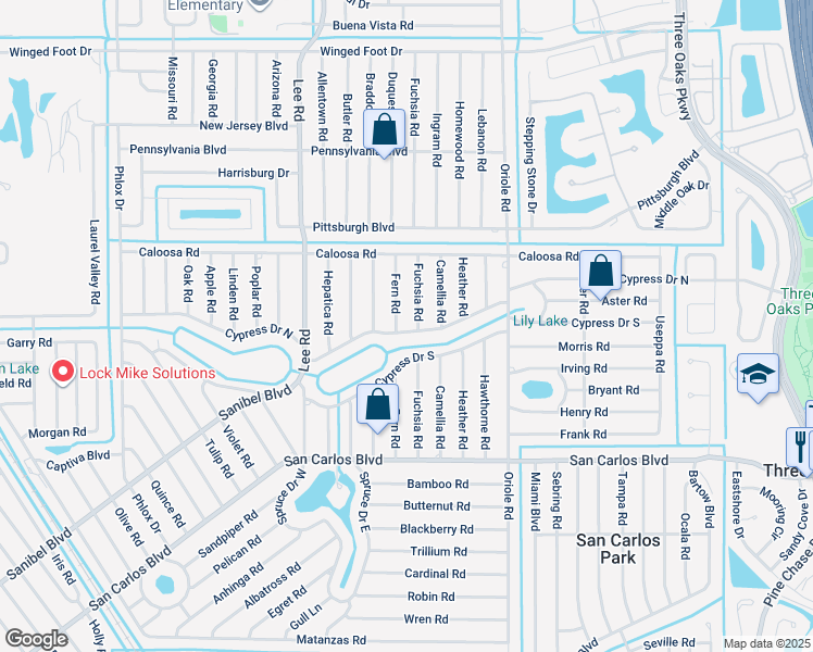 map of restaurants, bars, coffee shops, grocery stores, and more near 18285 Fern Road in Fort Myers