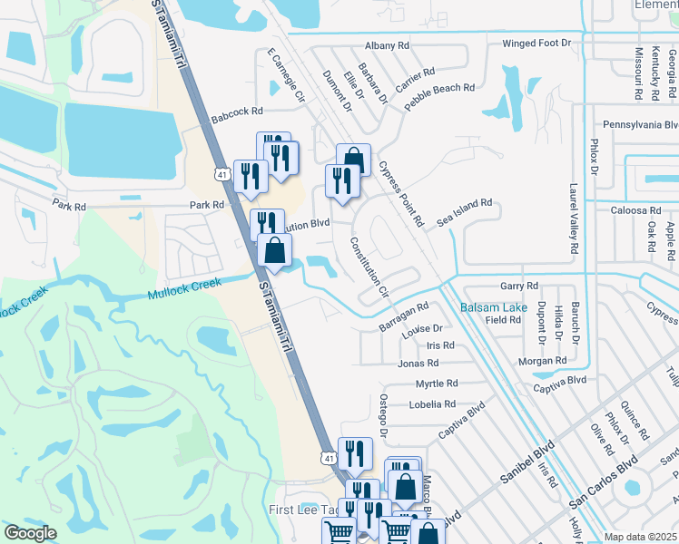 map of restaurants, bars, coffee shops, grocery stores, and more near 7037 Constitution Loop in Fort Myers