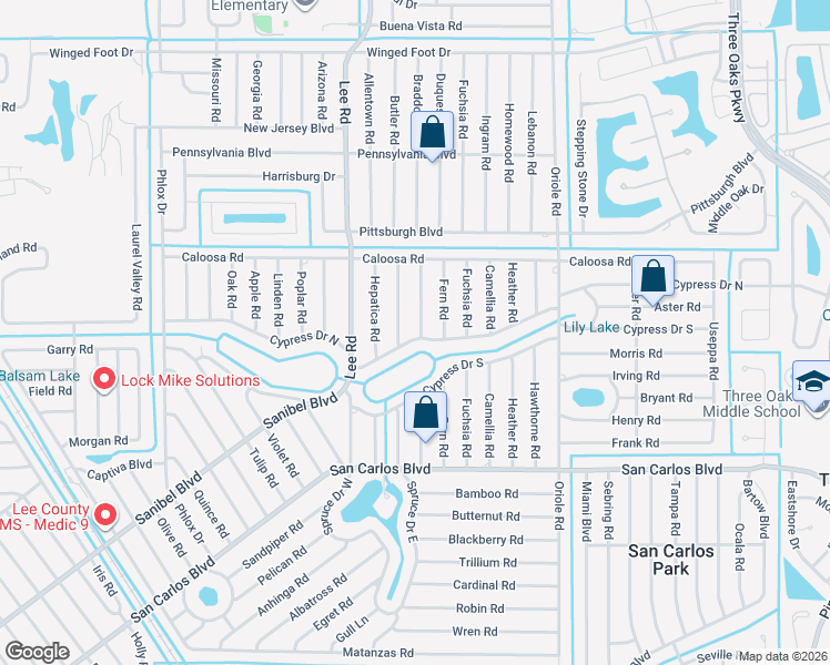 map of restaurants, bars, coffee shops, grocery stores, and more near 18290 Columbine Road in Fort Myers