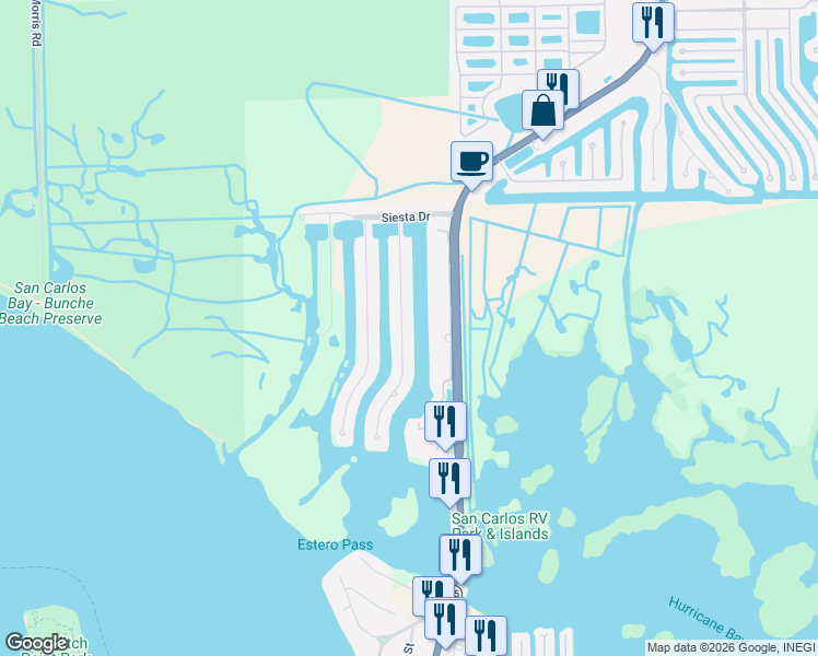 map of restaurants, bars, coffee shops, grocery stores, and more near I Avenue E in Fort Myers Beach