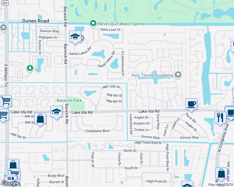 map of restaurants, bars, coffee shops, grocery stores, and more near 3745 Northwest 9th Street in Delray Beach
