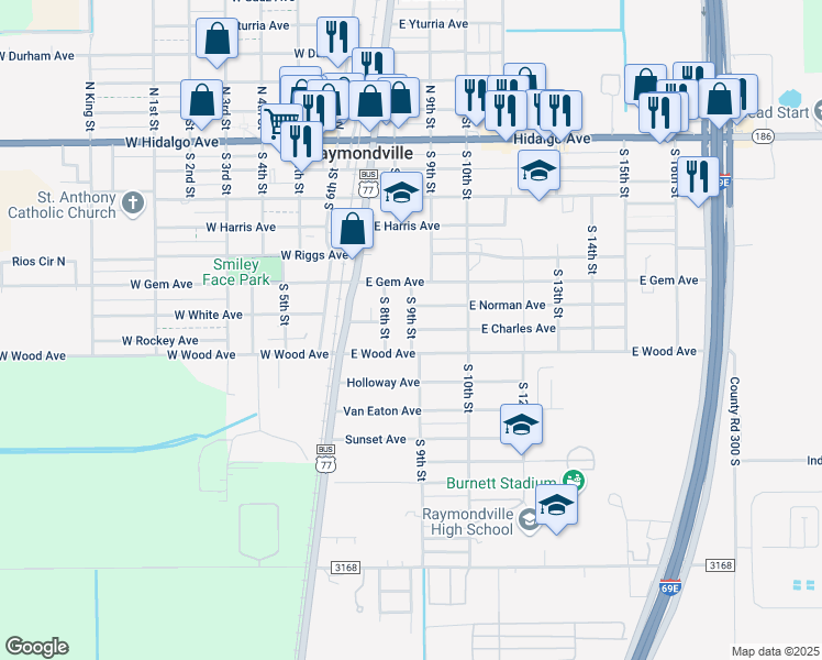 map of restaurants, bars, coffee shops, grocery stores, and more near 300 Charles Avenue in Raymondville