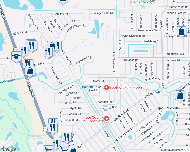 map of restaurants, bars, coffee shops, grocery stores, and more near 7501-03 Garry Road in Fort Myers