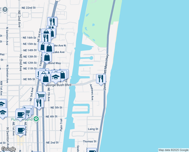 map of restaurants, bars, coffee shops, grocery stores, and more near 1225 George Bush Boulevard in Delray Beach