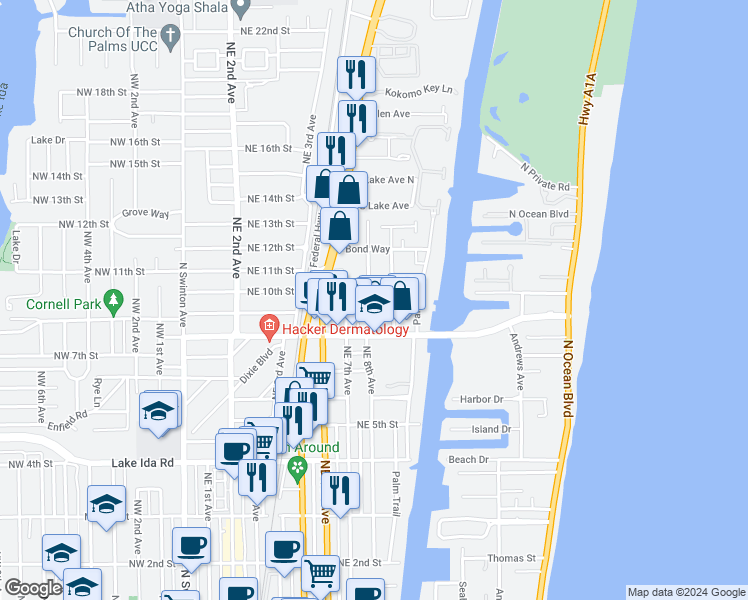 map of restaurants, bars, coffee shops, grocery stores, and more near 904 Northeast 8th Avenue in Delray Beach