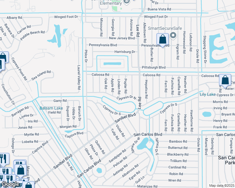 map of restaurants, bars, coffee shops, grocery stores, and more near 8112 Cypress Drive North in Fort Myers