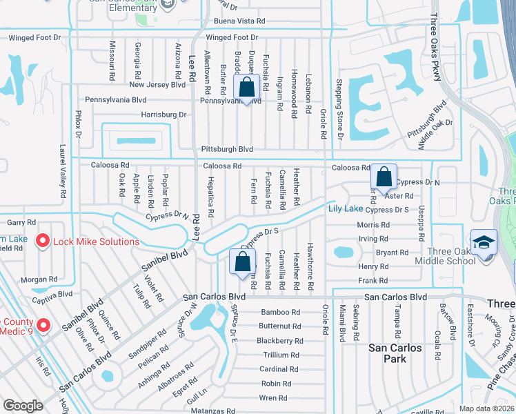 map of restaurants, bars, coffee shops, grocery stores, and more near 18285 Fern Road in Fort Myers