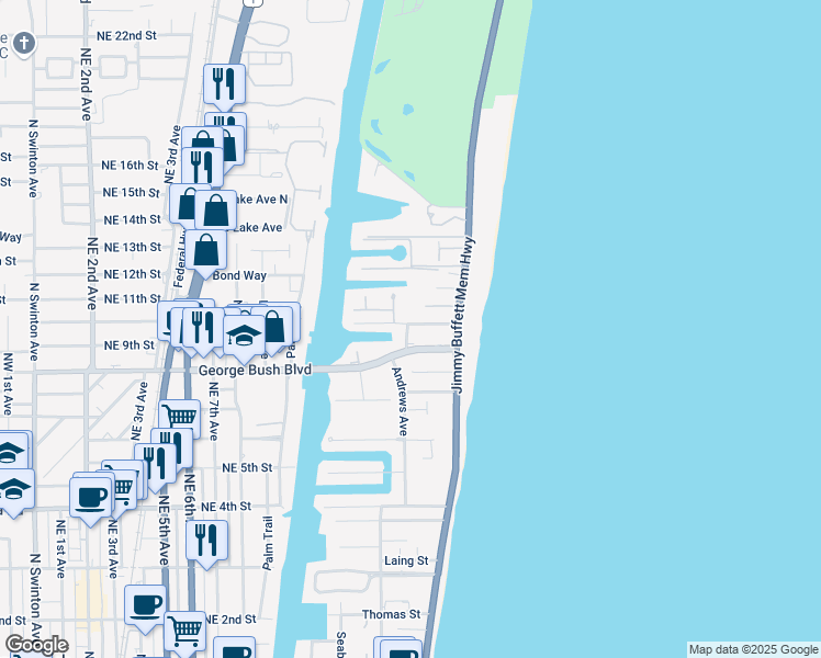 map of restaurants, bars, coffee shops, grocery stores, and more near 1225 George Bush Boulevard in Delray Beach