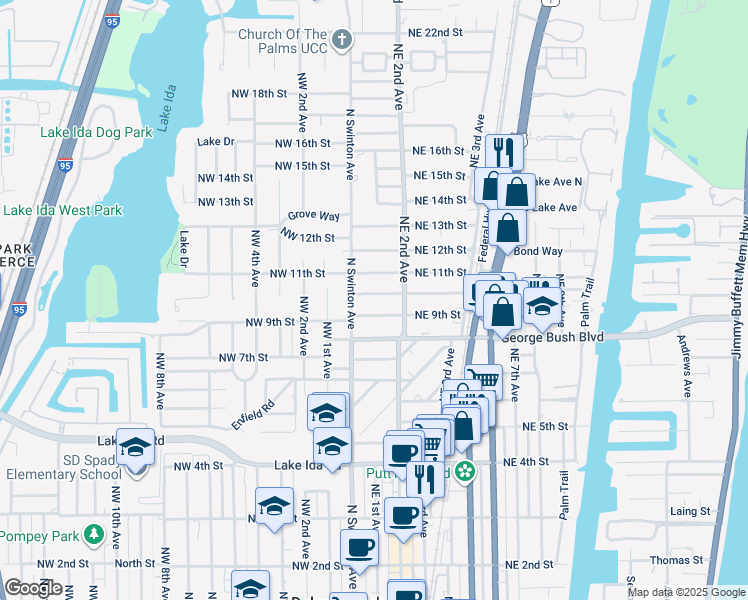 map of restaurants, bars, coffee shops, grocery stores, and more near 905 North Swinton Avenue in Delray Beach
