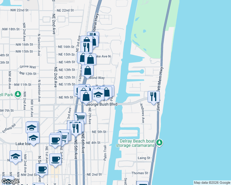 map of restaurants, bars, coffee shops, grocery stores, and more near 931 Palm Trail in Delray Beach