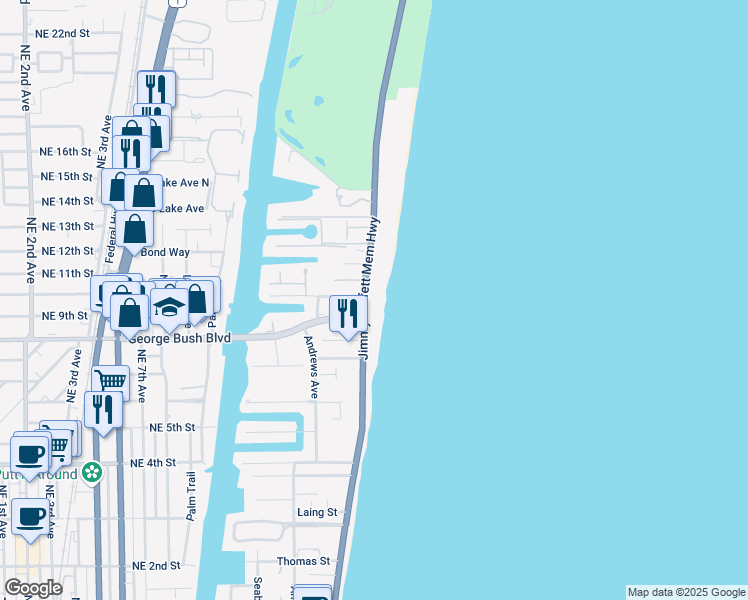 map of restaurants, bars, coffee shops, grocery stores, and more near 801 North Ocean Boulevard in Delray Beach