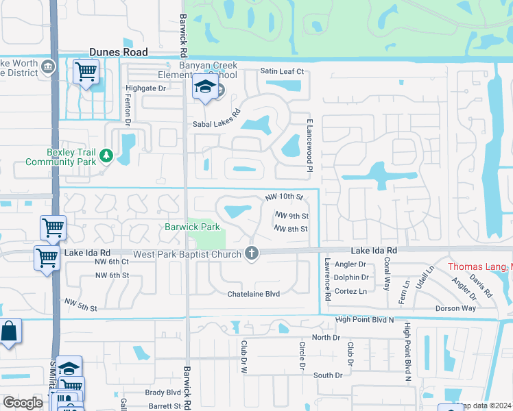 map of restaurants, bars, coffee shops, grocery stores, and more near 940 Sunflower Avenue in Delray Beach