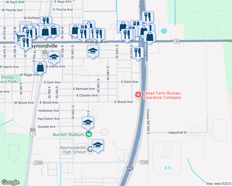 map of restaurants, bars, coffee shops, grocery stores, and more near 864 Charles Avenue in Raymondville
