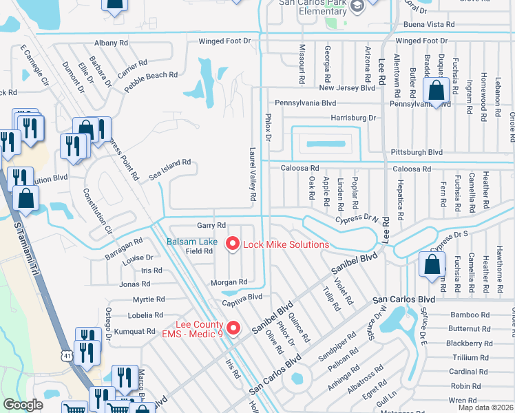 map of restaurants, bars, coffee shops, grocery stores, and more near 7595 Garry Road in Fort Myers