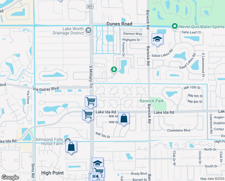 map of restaurants, bars, coffee shops, grocery stores, and more near 701 Whippoorwill Lane in Delray Beach