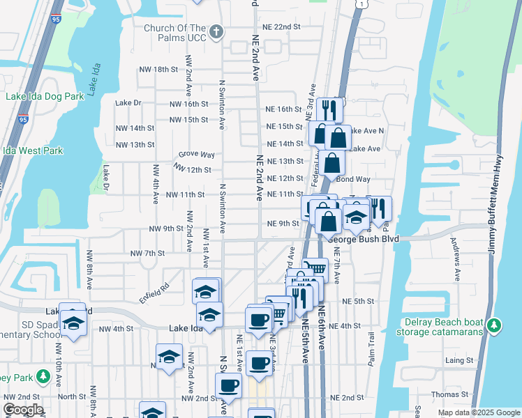 map of restaurants, bars, coffee shops, grocery stores, and more near 200 Northeast 10th Street in Delray Beach