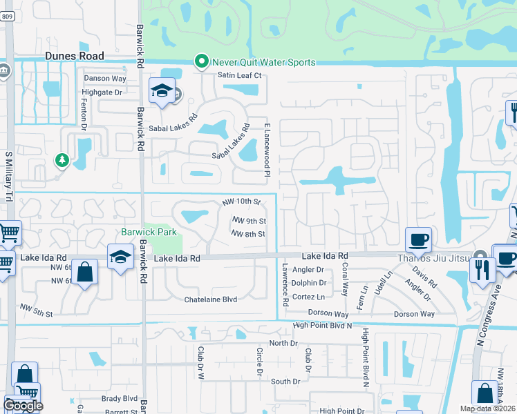 map of restaurants, bars, coffee shops, grocery stores, and more near 966 Northwest 37th Avenue in Delray Beach