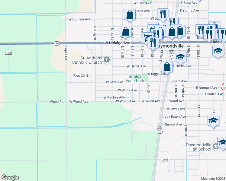 map of restaurants, bars, coffee shops, grocery stores, and more near 700 South 1st Street in Raymondville