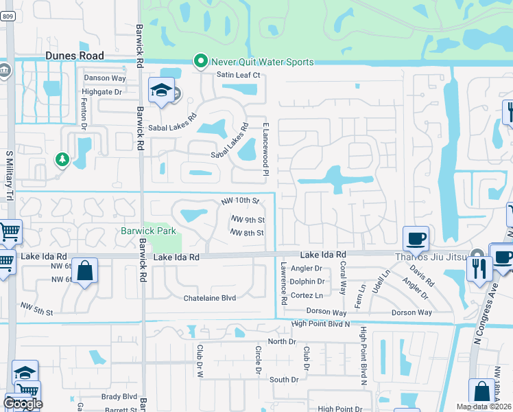 map of restaurants, bars, coffee shops, grocery stores, and more near 966 Northwest 37th Avenue in Delray Beach