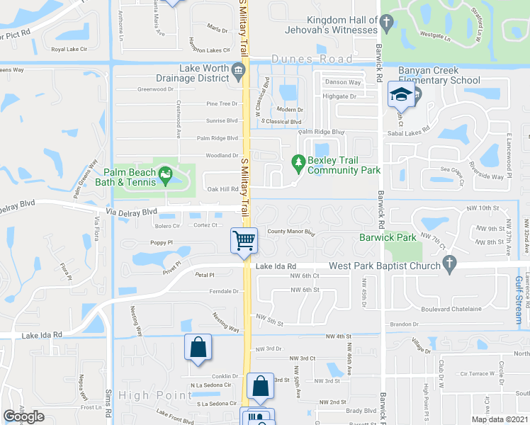 map of restaurants, bars, coffee shops, grocery stores, and more near 406 Bluebird Lane in Delray Beach