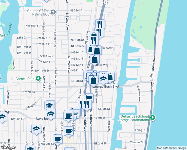 map of restaurants, bars, coffee shops, grocery stores, and more near 1010 Phillips Road in Delray Beach
