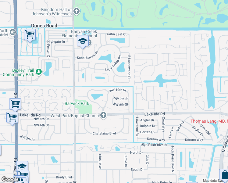 map of restaurants, bars, coffee shops, grocery stores, and more near 3880 Northwest 10th Street in Delray Beach