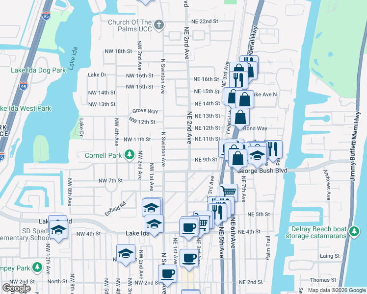 map of restaurants, bars, coffee shops, grocery stores, and more near 119 Northeast 10th Street in Delray Beach