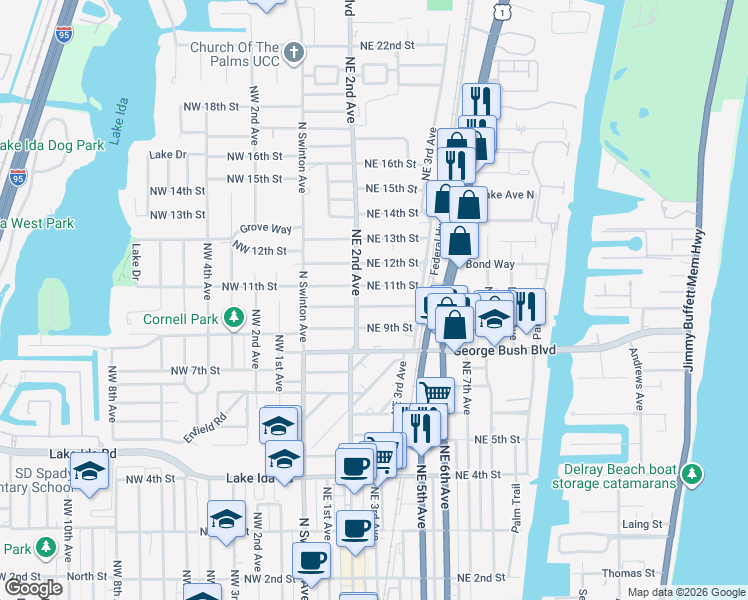 map of restaurants, bars, coffee shops, grocery stores, and more near 217 Northeast 10th Street in Delray Beach