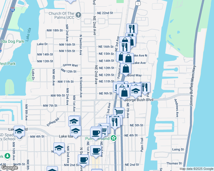 map of restaurants, bars, coffee shops, grocery stores, and more near 222 Northeast 11th Street in Delray Beach