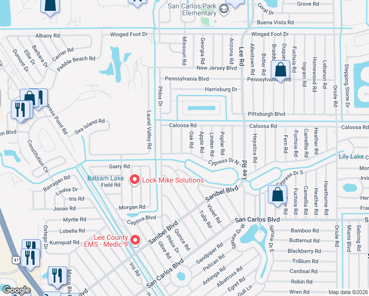 map of restaurants, bars, coffee shops, grocery stores, and more near 18261 Maple Road in Fort Myers