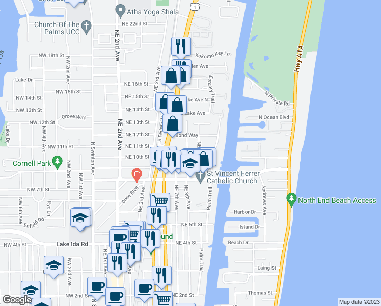 map of restaurants, bars, coffee shops, grocery stores, and more near 1010 Northeast 8th Avenue in Delray Beach