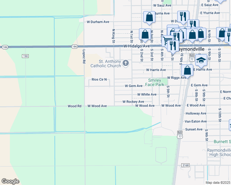 map of restaurants, bars, coffee shops, grocery stores, and more near West Gem Avenue in Raymondville