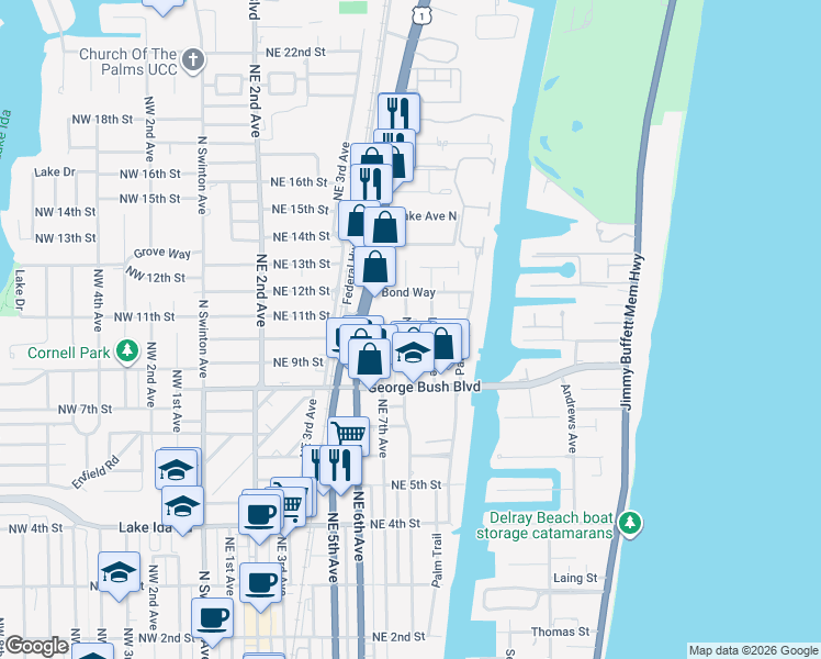 map of restaurants, bars, coffee shops, grocery stores, and more near 1010 Northeast 8th Avenue in Delray Beach