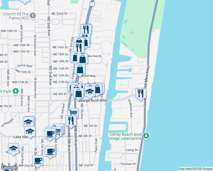 map of restaurants, bars, coffee shops, grocery stores, and more near 955 Palm Trail in Delray Beach