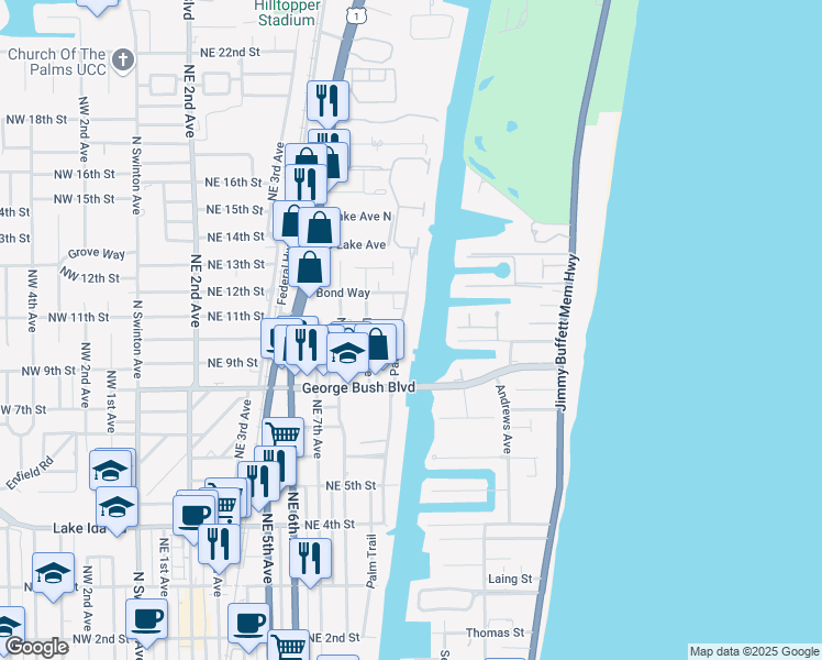map of restaurants, bars, coffee shops, grocery stores, and more near 955 Palm Trail in Delray Beach
