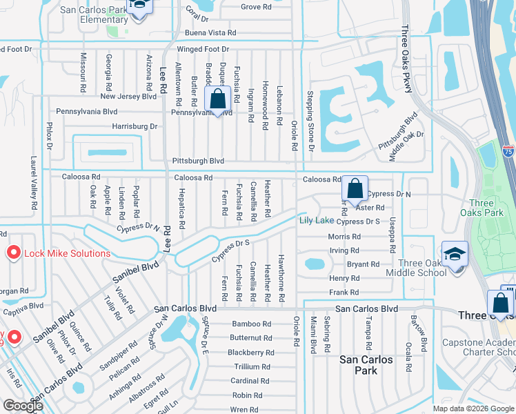 map of restaurants, bars, coffee shops, grocery stores, and more near 18253 Camellia Road in Fort Myers