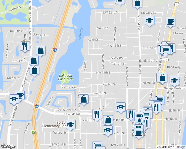 map of restaurants, bars, coffee shops, grocery stores, and more near 1095 Hibiscus Lane in Delray Beach