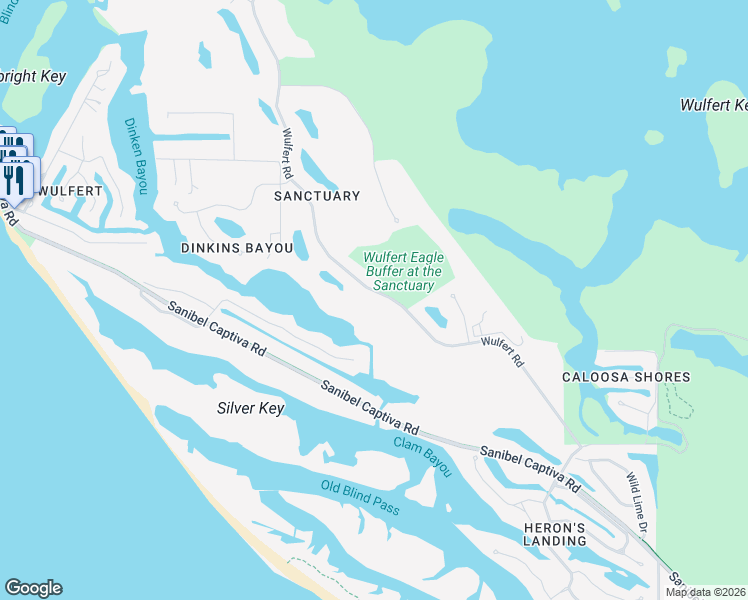 map of restaurants, bars, coffee shops, grocery stores, and more near 2349 Wulfert Road in Sanibel