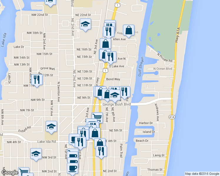 map of restaurants, bars, coffee shops, grocery stores, and more near 1010 Northeast 8th Avenue in Delray Beach