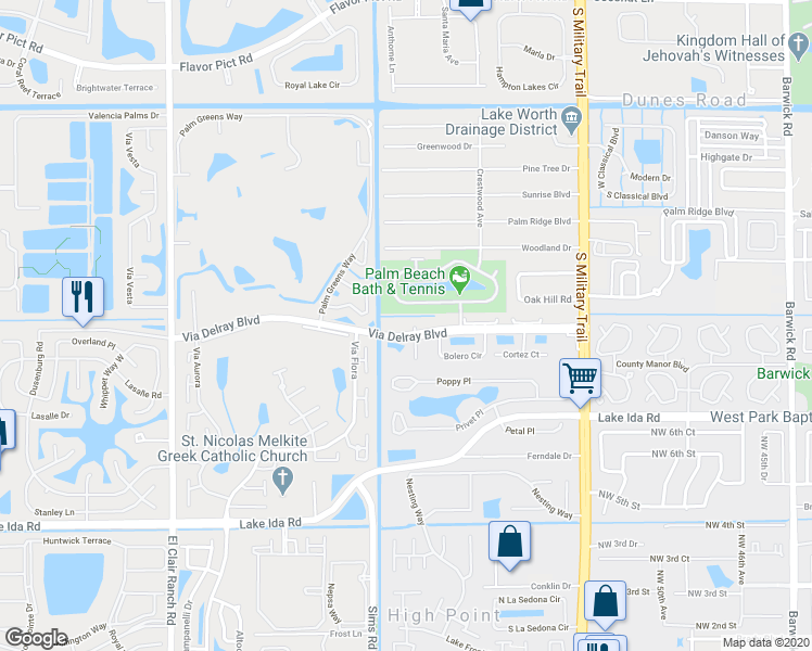 map of restaurants, bars, coffee shops, grocery stores, and more near 5465 Grande Palm Circle in Delray Beach