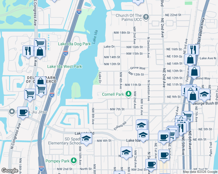map of restaurants, bars, coffee shops, grocery stores, and more near 1095 Hibiscus Lane in Delray Beach