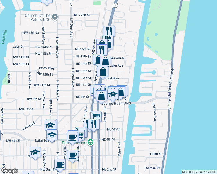 map of restaurants, bars, coffee shops, grocery stores, and more near 1010 Northeast 8th Avenue in Delray Beach