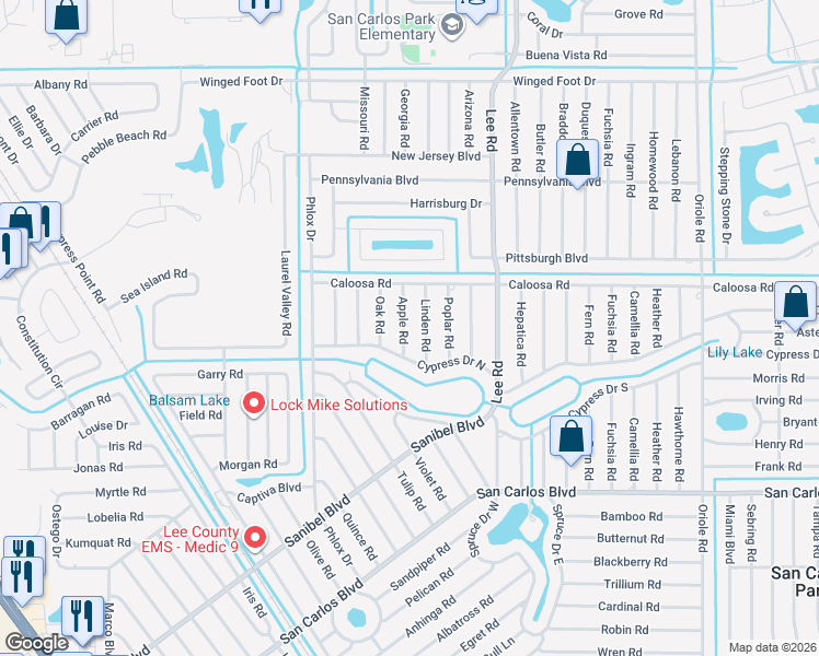 map of restaurants, bars, coffee shops, grocery stores, and more near 18253 Apple Road in Fort Myers