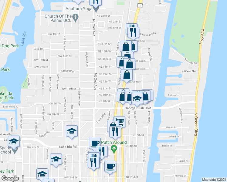 map of restaurants, bars, coffee shops, grocery stores, and more near 1012 Northeast 3rd Avenue in Delray Beach
