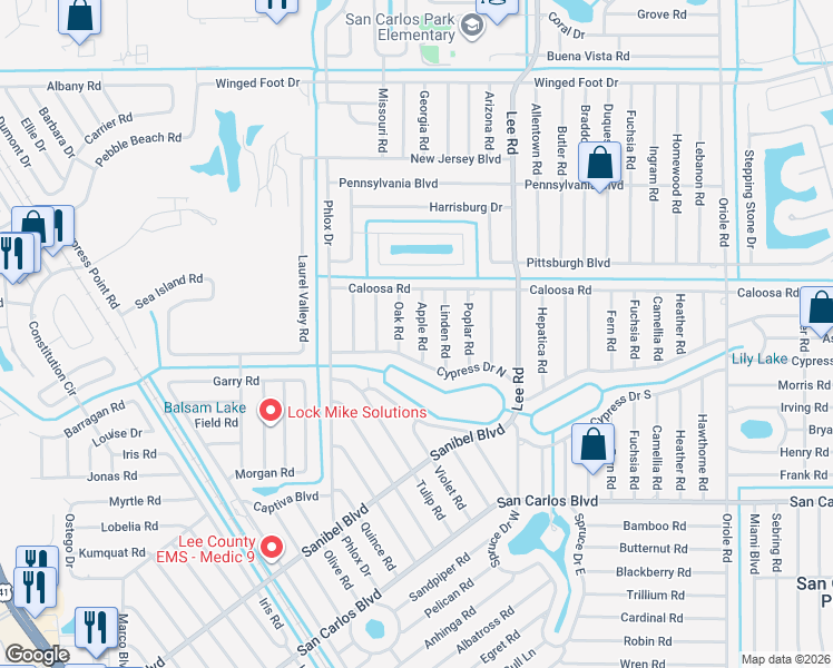 map of restaurants, bars, coffee shops, grocery stores, and more near 18237 Apple Road in Fort Myers